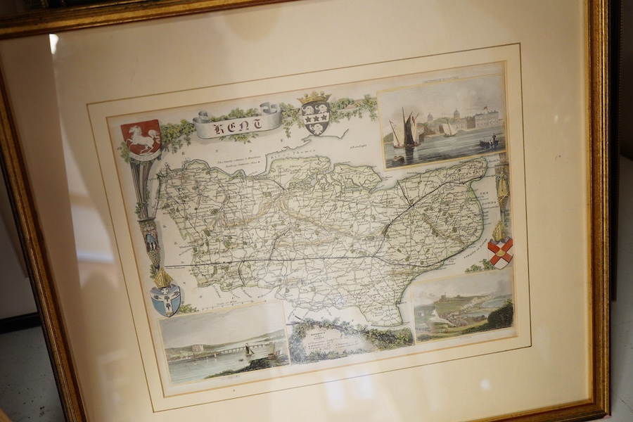 Five 19th century and later maps to include Kent and Northumberland and an 18th century bookplate, Handel, published 1794